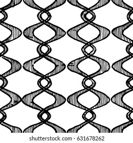 Vintage seamless pattern with wavy stripes. Vector illustration in ink hand drawn style. Repeating black and white background.