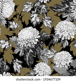 Vintage seamless pattern with white chrysanthemum flowers, leaves, stems drawn by hand in monochrome tones. Hand drawn vector seamless pattern for floral wallpaper, textile, fabric, poster, package.