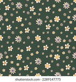 Vintage seamless pattern with white flowers daisies background. Floral pattern for fashion, design prints, textile, fabric. Vector illustration in cartoon hand drawn style