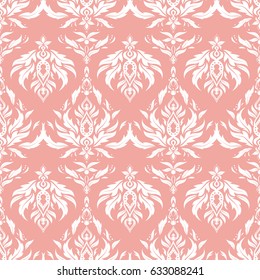 Vintage seamless pattern in white and pink colors. Seamless background. Elegant vector damask wallpaper.