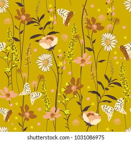 Vintage Seamless Pattern wind blow flowers,  Isolated on yellow color. Botanical Floral Decoration Texture. Vintage Style Design for Fabric Print, Wallpaper Background.