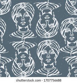 Vintage seamless pattern with women heads. Useable for prints, textiles, wrappers, wallpapers, surface design.
