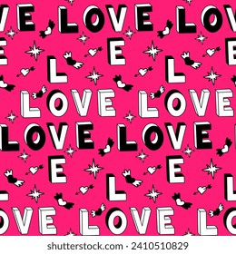 Vintage seamless pattern with word Xoxo in 90s style. Three dimension hand drawn words with hearts on pink background. Perfect for Valentines decoration, background. Valentines day concept