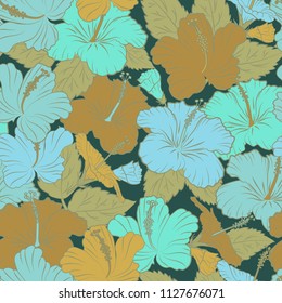 Vintage seamless pattern in yellow, blue and green colors. Hand written vector hibiscus flowers, stamps, keys.