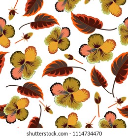 Vintage seamless pattern in yellow, brown and white colors. Hand written vector hibiscus flowers, stamps, keys.