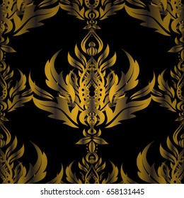 Vintage seamless pattern with yellow and brown gradient. Elegant invitation card with vector decor of motley ornament or black background.