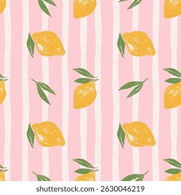 Vintage Seamless pattern with yellow lemons on pink and white striped background. Hatching pencil hand drawn rough texture. Summer cozy repeated backdrop. Vector hand drawn illustration.