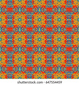 Vintage seamless pattern in yellow, red and blue colors. Hand written vector flowers, stamps, keys.