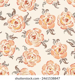 Vintage Seamless Pattern of Yellow Roses. Rose Flower. Flowers and Leaves. Floral Background. Handmade. Hand drawing. Not AI. Vector illustration.