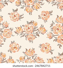 Klassisches nahtloses Gelbrosenmuster. Rosenblume. Blumenhintergrund. Handzeichnung. Nicht KI. Vektorillustration.