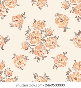 Vintage Seamless Pattern of Yellow Roses. Rose Flower.Floral Background. Hand drawing.  Vector illustration. Not AI.