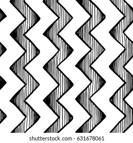 vintage seamless pattern of  zigzag parallel lines. Black and white vector illustration in ink hand drawn style. 