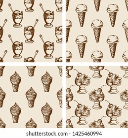 Vintage seamless patterns with different ice cream. Hand drawn vector backgrounds