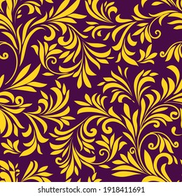 Vintage seamless patterns. Gold leaves on a purple background. Vector illustration. Good print for wrapping paper, packaging design, wallpaper, ceramic tiles, and textile