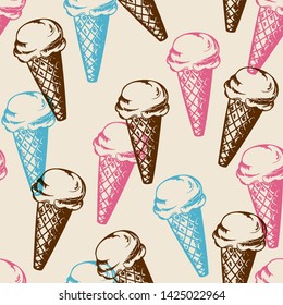 Vintage seamless patterns with ice cream. Hand drawn vector background