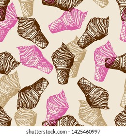 Vintage seamless patterns with ice cream in waffle cone.  Hand drawn vector background