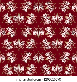 Vintage seamless patterns on dark red background. Fine brocade ornament. Luxurious textile or wrap paper patterns. Retro fabric design.