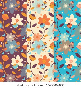 Modalidades vintage sin fisuras decoradas con flores. Fondo imprimible de primavera o verano. Hojas y flores simples, ilustración botánica dibujada a mano. Colores Pastel.