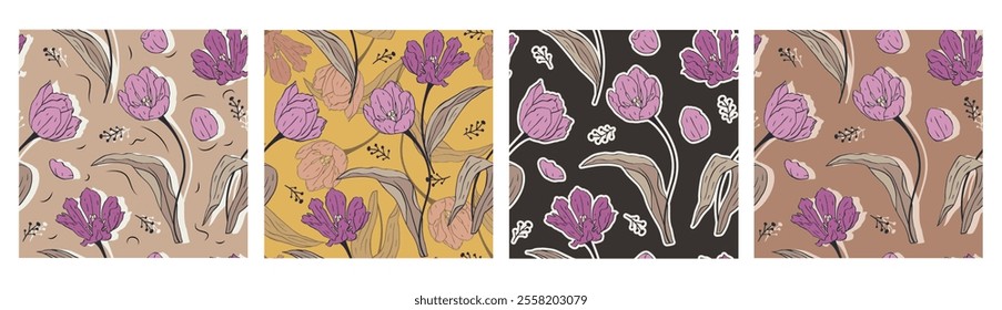 Vintage seamless patterns set with purple tulip flowers. Hand drawn floral background. Spring flowers silhuette wallpaper bundle