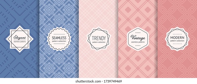 Vintage seamless patterns in traditional ethnic style. Retro geometric ornament in trendy pastel colors. Vector set of Nordic Christmas textures with modern labels. Abstract background collection