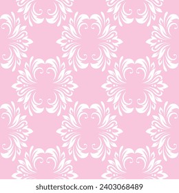 Vintage sin costura planta delicado patrón de hojas estilizadas, flores y rizos sobre fondo rosado. Estilo retro. Fondo vectorial, textura para tapizados victorianos, papel de envoltura, tela