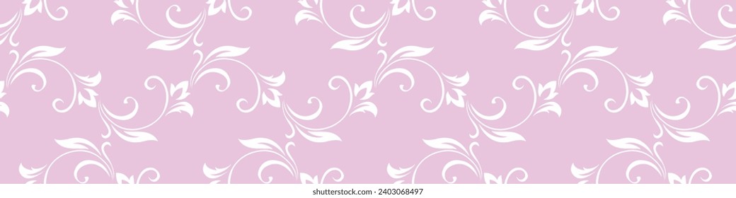 Vintage seamless plant delicate pattern of stylized stems, leaves, flowers and curls on pink background. Retro style. Vector backdrop, texture for victorian wallpapers, wrapping paper, fabric