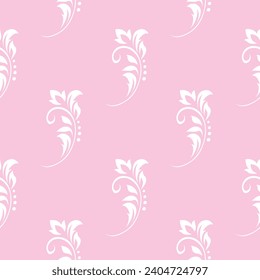 Vintage seamless plant delicate pattern of stylized stems, leaves, flowers and curls on pink background. Retro style. Vector backdrop, texture for victorian wallpapers, wrapping paper, fabric