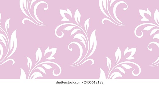 Vintage seamless plant delicate pattern of stylized stems, leaves, flowers and curls on pink background. Retro style. Vector backdrop, texture