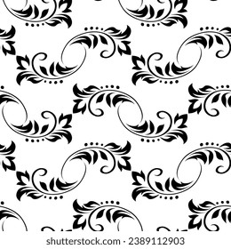Vintage nahtlose Pflanzenmuster aus schwarzen stilisierten Blättern, Blumen und Gürteln auf weißem Hintergrund. Retro-Stil. Vektorhintergrund, Textur für siegreiche Wallpaper, Packpapier, Stoff