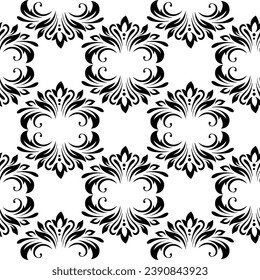 Vintage seamless plant pattern of black stylized leaves, flowers and curls on white background. Retro style. Vector backdrop, texture for victorian wallpapers, wrapping paper, fabric