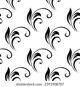 Vintage seamless plant pattern of black stylized stems, leaves and curls on white background. Retro style. Vector backdrop, texture for victorian wallpapers, wrapping paper, fabric