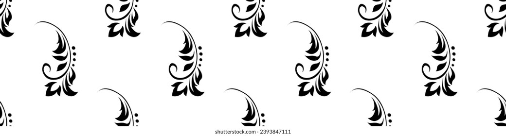 Vintage seamless plant pattern of black stylized leaves, flowers and curls on white background. Retro style. Vector backdrop, texture for victorian wallpapers, wrapping paper, fabric