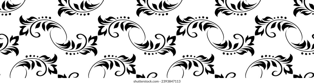 Vintage seamless plant pattern of black stylized stems, leaves, flowers and curls on white background. Retro style. Vector backdrop, texture for victorian wallpapers, wrapping paper, fabric