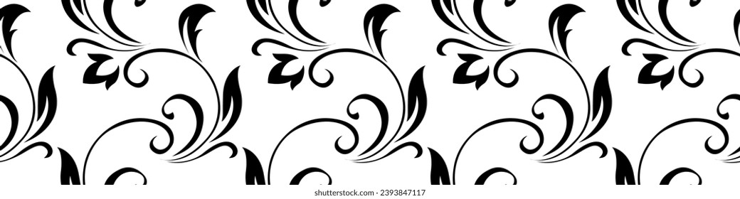 Vintage seamless plant pattern of black stylized stems, leaves, flowers and curls on white background. Retro style. Vector backdrop, texture for victorian wallpapers, wrapping paper, fabric