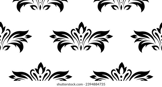 Vintage seamless plant pattern of black stylized leaves, flowers and curls on white background. Retro style. Vector backdrop, texture for victorian wallpapers, wrapping paper, fabric