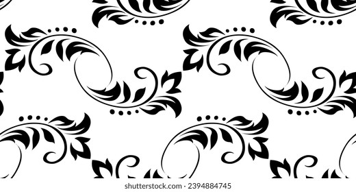 Vintage patrón de planta sin costura de hojas, flores y rizos de color negro estilizados sobre fondo blanco. Estilo retro. Fondo vectorial, textura para tapizados victorianos, papel de envoltura, tela