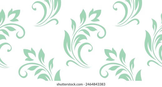 Vintage seamless plant pattern of light green stylized leaves, flowers and curls on white background. Retro style. Vector backdrop, texture for victorian wallpapers, wrapping paper, fabric