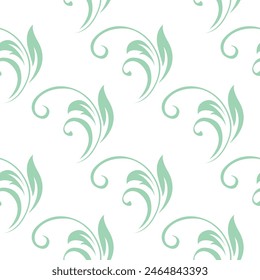 Vintage seamless plant pattern of light green stylized stems, leaves and curls on white background. Retro style. Vector backdrop, texture for victorian wallpapers, wrapping paper, fabric