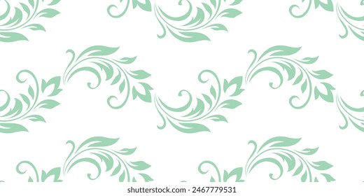 Vintage seamless plant pattern of light green stylized leaves, flowers and curls on white background. Retro style. Vector backdrop, texture for victorian wallpapers, wrapping paper, fabric