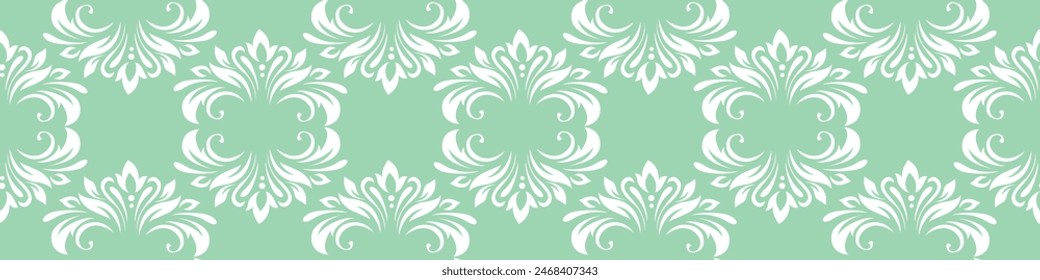 Vintage seamless plant pattern of white stylized leaves, flowers and curls on light green background. Retro style. Vector backdrop, texture for victorian wallpapers, wrapping paper, fabric