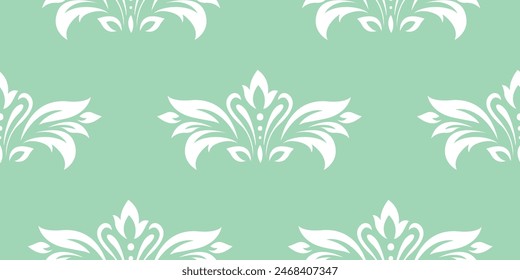 Antiguas patrón de planta sin costuras de hojas estilizadas blancas, flores y rizos sobre fondo verde claro. Estilo retro. telón de fondo de Vector, textura para Fondos de pantalla victorianos, papel de envoltura, tela