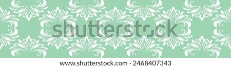 Vintage seamless plant pattern of white stylized leaves, flowers and curls on light green background. Retro style. Vector backdrop, texture for victorian wallpapers, wrapping paper, fabric