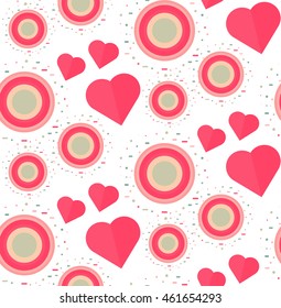 Vintage Seamless Romantic Pattern for Wrap, Print, Fabric, Textile, Greeting Card. Ornament with pink or red heart, circle for cloth, wallpaper, mosaic. Wedding, valentine retro background. Vector