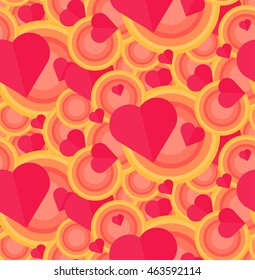 Vintage Seamless Romantic Pattern for Wrap, Print, Fabric, Textile, Greeting Card. Ornament with pink or red heart, circle for cloth, wallpaper, mosaic. Wedding, valentine retro background. Vector