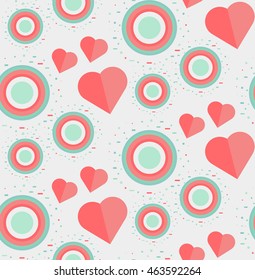 Vintage Seamless Romantic Pattern for Wrap, Print, Fabric, Textile, Greeting Card. Ornament with pink or red heart, circle for cloth, wallpaper, mosaic. Wedding, valentine retro background. Vector