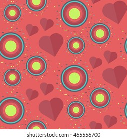 Vintage Seamless Romantic Pattern for Wrap, Print, Fabric, Textile, Greeting Card. Ornament with pink or red heart, circle for cloth, wallpaper, mosaic. Wedding, valentine retro background. Vector