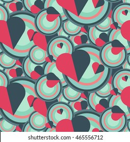 Vintage Seamless Romantic Pattern for Wrap, Print, Fabric, Textile, Greeting Card. Ornament with pink or red heart, circle for cloth, wallpaper, mosaic. Wedding, valentine retro background. Vector