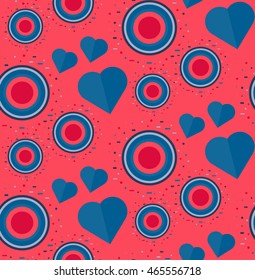 Vintage Seamless Romantic Pattern for Wrap, Print, Fabric, Textile, Greeting Card. Ornament with heart and circle for clothes and wallpaper, stickers and mosaic. Wedding retro background. Vector