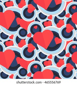 Vintage Seamless Romantic Pattern for Wrap, Print, Fabric, Textile, Greeting Card. Ornament with pink or red heart, circle for cloth, wallpaper, mosaic. Wedding, valentine retro background. Vector