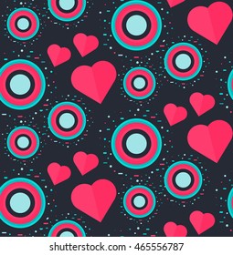 Vintage Seamless Romantic Pattern for Wrap, Print, Fabric, Textile, Greeting Card. Ornament with pink or red heart, circle for cloth, wallpaper, mosaic. Wedding, valentine retro background. Vector